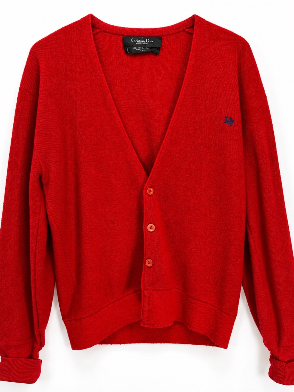 Vintage Dior Men's Bright Red V-Neck Button Cardigan